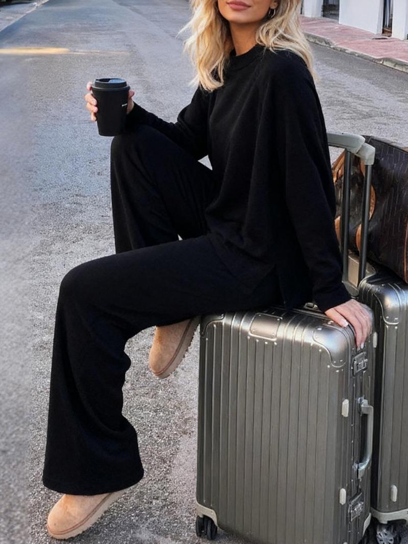 Women's Fall Winter Knitted Travel Airport, Soft Fleece Warm Round Neck Long Sleeve Pants Set, Two-Piece Sweater Dress