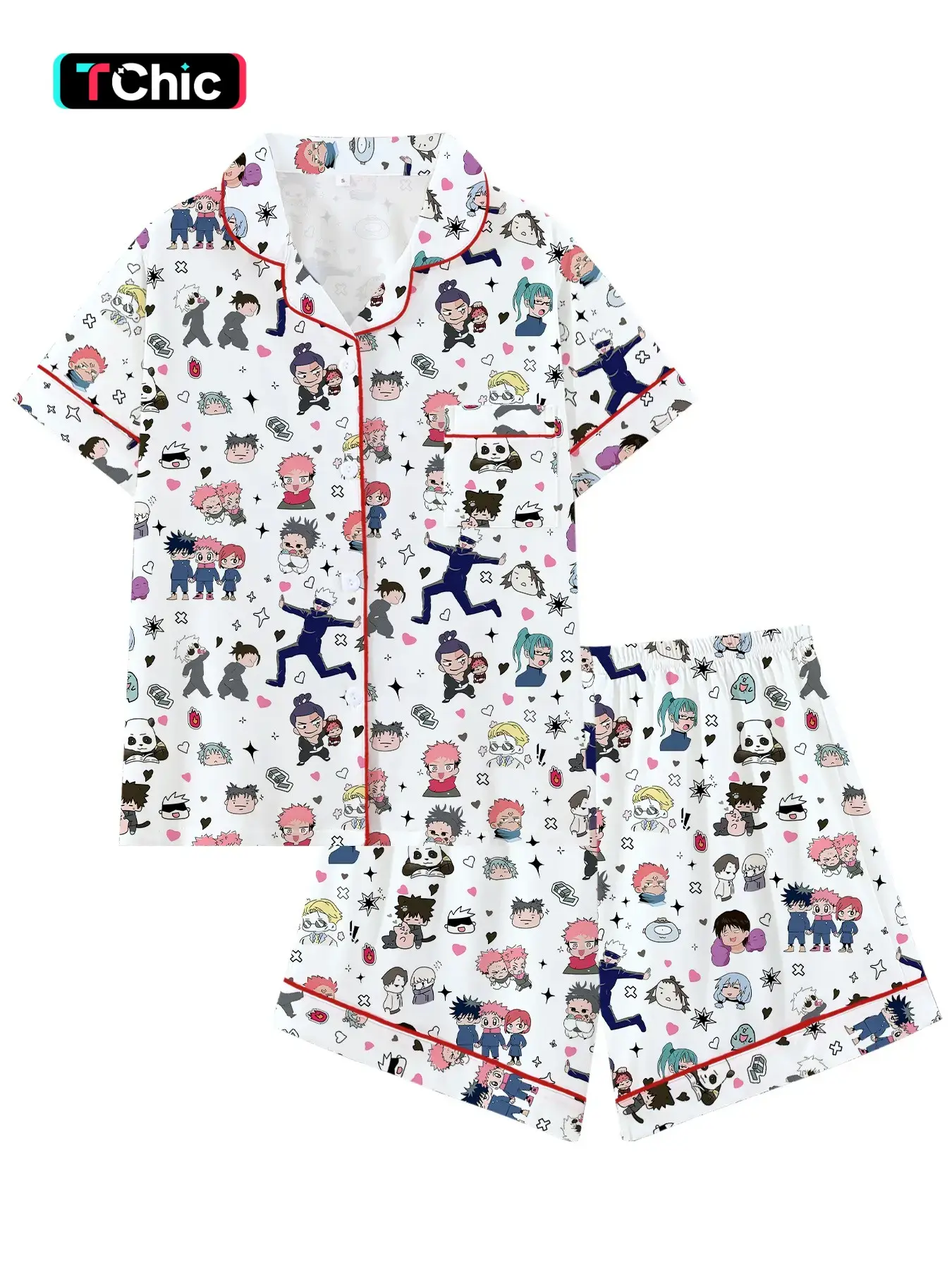 Cool Otaku Vibe Cute Lapel Short Sleeve Pajama Set, Loungewear Outfit, Comfortable Sleepwear for Home and Outdoors, Urban Sorcerer Print Lounge Set, Dark Fantasy Anime Style 2-Piece Pajamas, Dark Anime Aesthetic Pajama Set