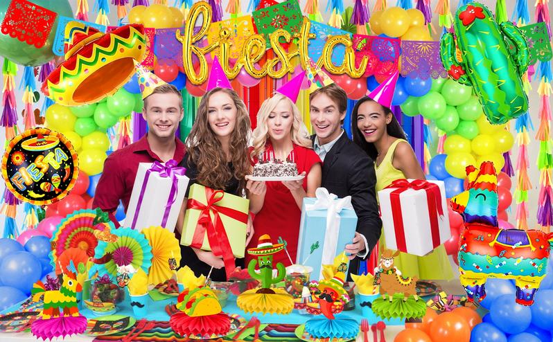 135pcs Fiesta Party Decorations，Mexican Party Decorations, Plastic Papel Picado Banner Cinco de Mayo Decor Day of the Dead Decorations，Fiesta Mexican Party Table Decoration Centerpiece，Taco Llama Cactus Balloons，Paper Streamer for Dia De Los Muertos