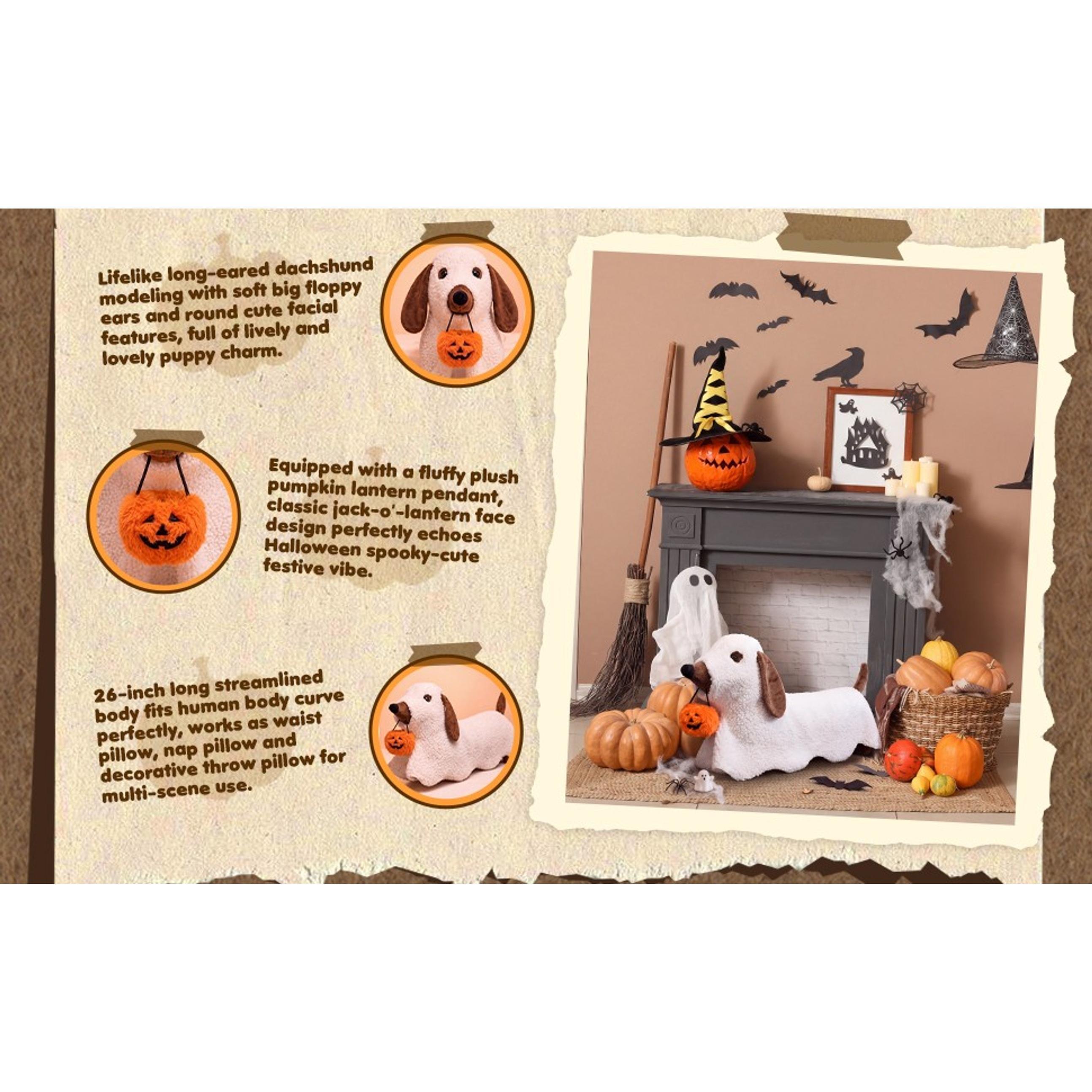 Leinuosen 26 Inch Halloween Dachshund Pillows Wiener Dog Ghost Decoration | Halloween Ghost Dog Pillows, White Soft Plush Sherpa, 3D Fluffy Cute Spooky Holding Pumpkin Gifts, Sofa Couch Bed Indoor Home Leinuosen 26 Inch Halloween Dachshund Pillows Wiener Dog Ghost Decoration | Halloween Ghost Dog Pillows, White Soft Plush Sherpa, 3D Fluffy Cute Spooky Holding Pumpkin Gifts, Sofa Couch Bed Indoor Home