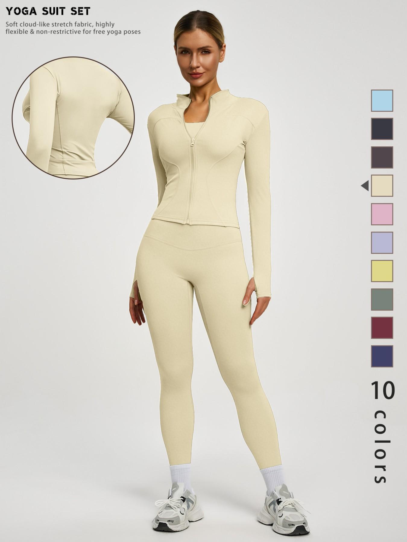 New Women's Solid Color Casual Fashion High-End Long Sleeve Quick-Dry Sports Set, Yoga Essential Jacket, Elastic Tight Yoga Pants, Activewear Clothing