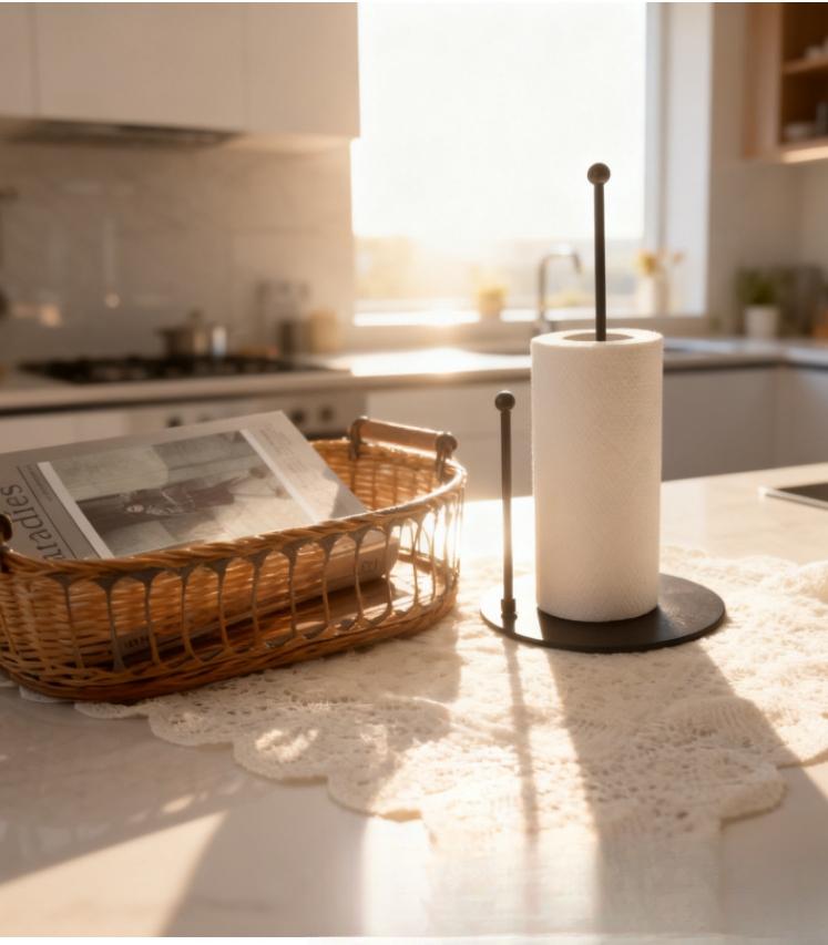 Kitchen Paper Towel Holder - Vertical Countertop Storage Rack, Space-Saving Design, Sturdy Iron Frame and Natural Bamboo Shelf, Suitable for Paper Towels, Hand Towels, Oil Absorbing Towels - Modern Kitchen Countertop Organizer