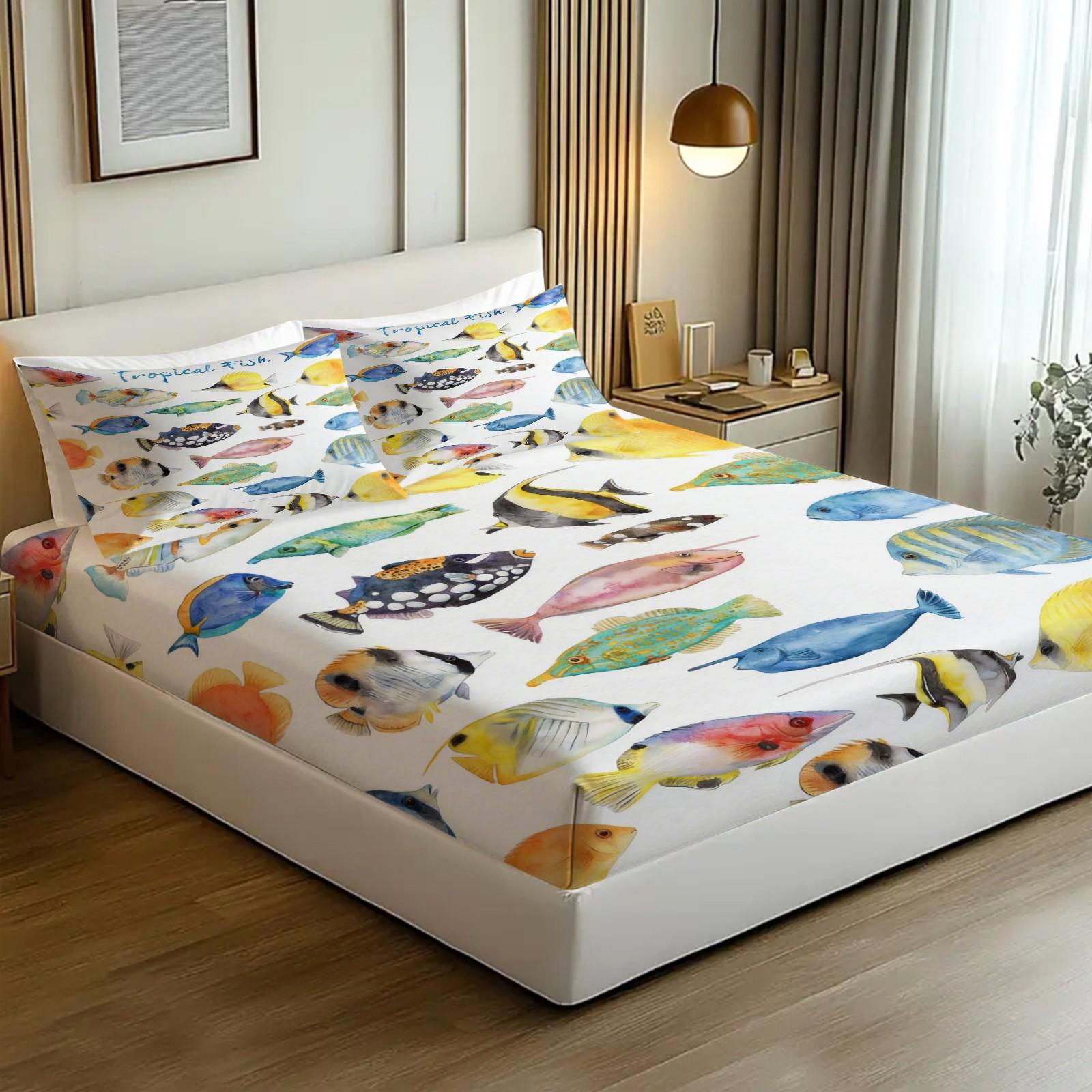 Watercolor Tropical Fish Bedding Set, Ocean Life Coral Fish Print Bed Sheets, Includes 2 Coreless Pillowcases, Breathable Durable Decorative Kit