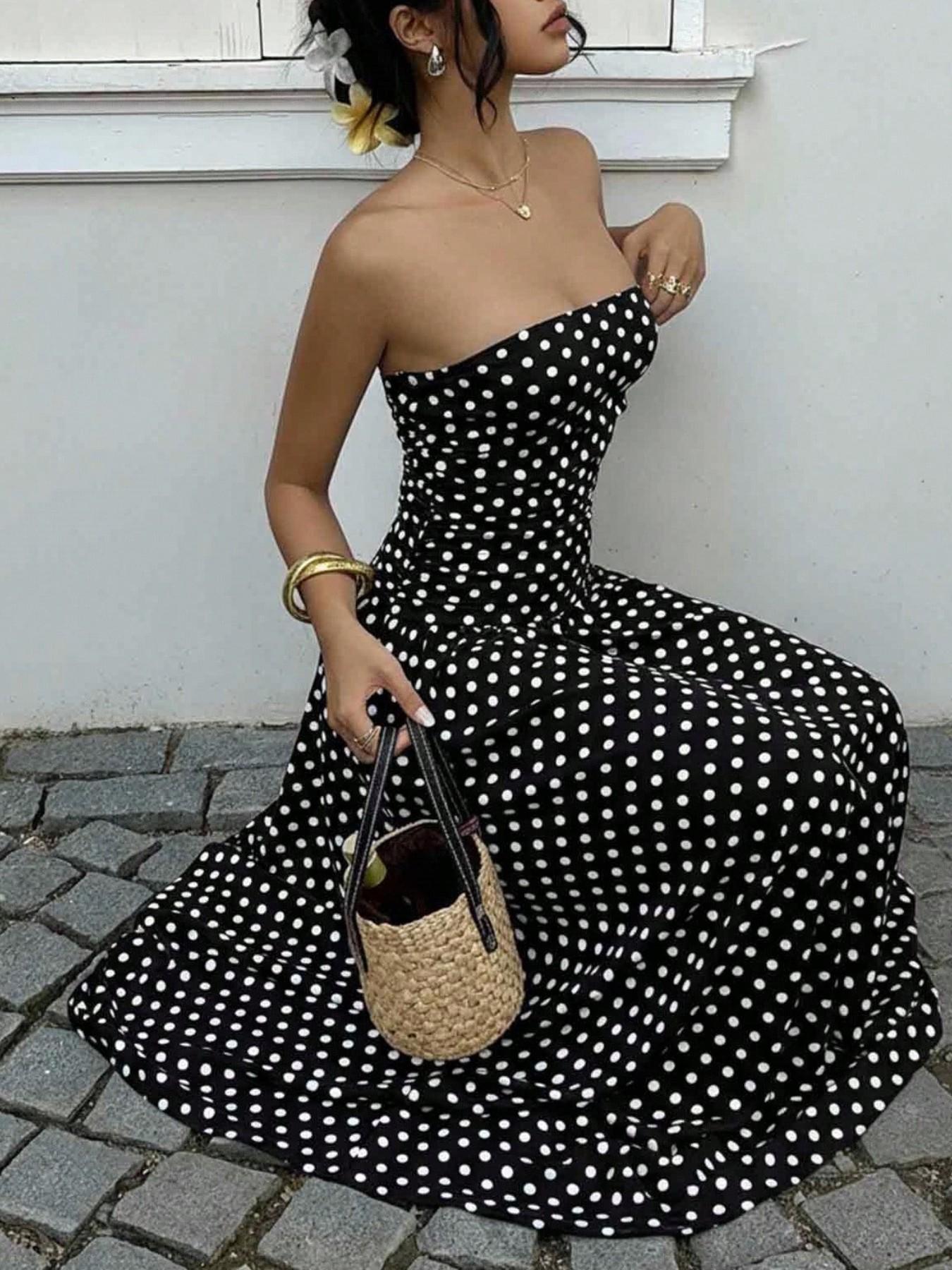 Women's Elegant Fashion Polka Dot Print Halter Dress, Stylish Chic Sleeveless Maxi Dress for Parties and Casual Wear, Summer Fashion