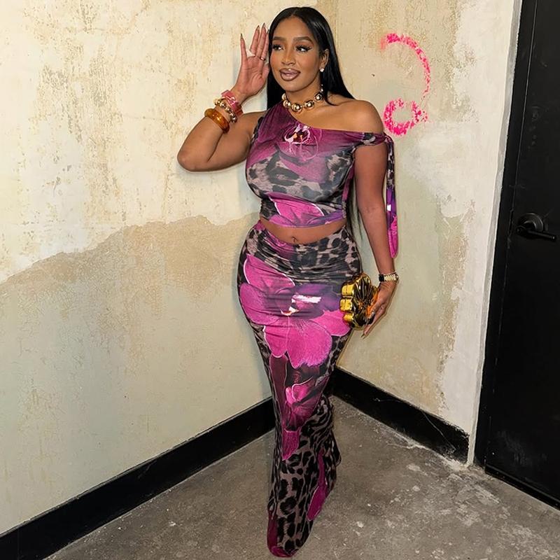 Two-piece Set Women's Floral Print One Shoulder Sleeveless Lace-up Tank Top & Bodycon Skirt, Casual lounge set, Backless Strapless Irregular Neck Crop Top Long Skirts Suits, Party Club Date Holiday Casual Outfits For Ladies Summer Clothes Wear