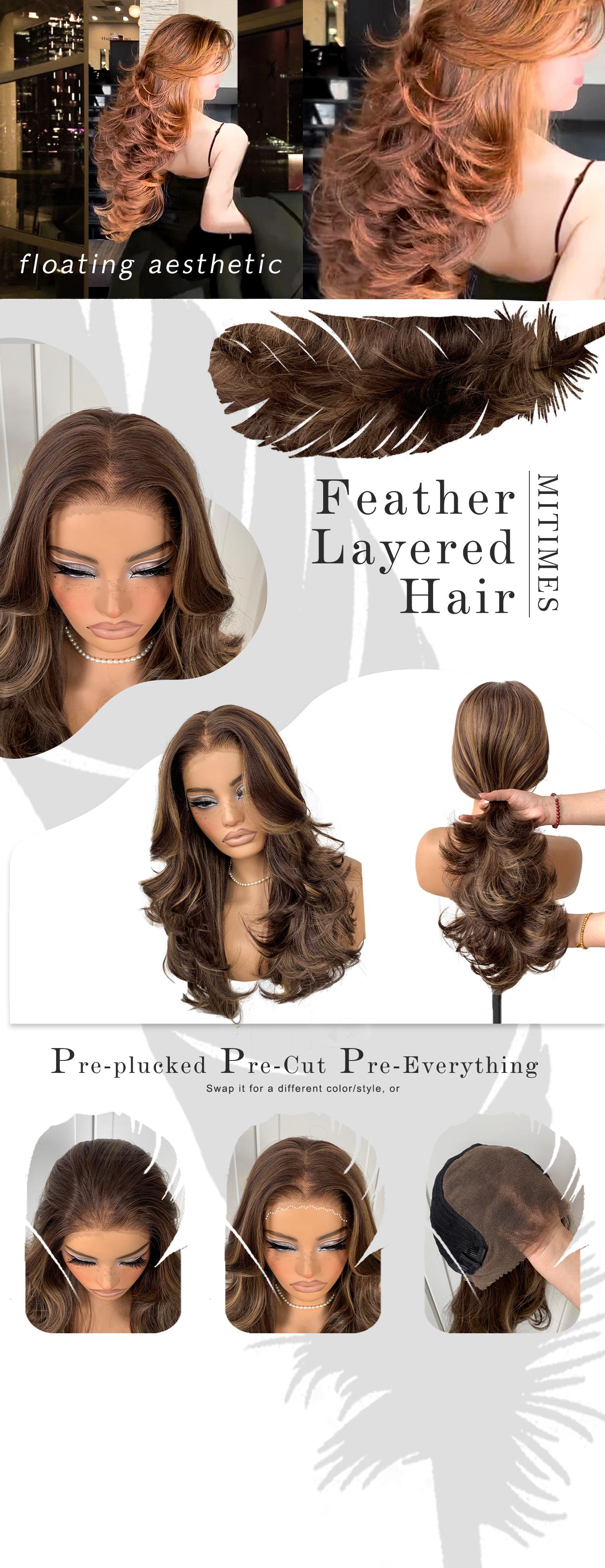 Feather Layered Hair Pre Plucked Cuting Style Long 13x6 Synthetic Lace Front Wig Wear and Go Glueless Natural Hairline Burgundy Blonde Black Wig