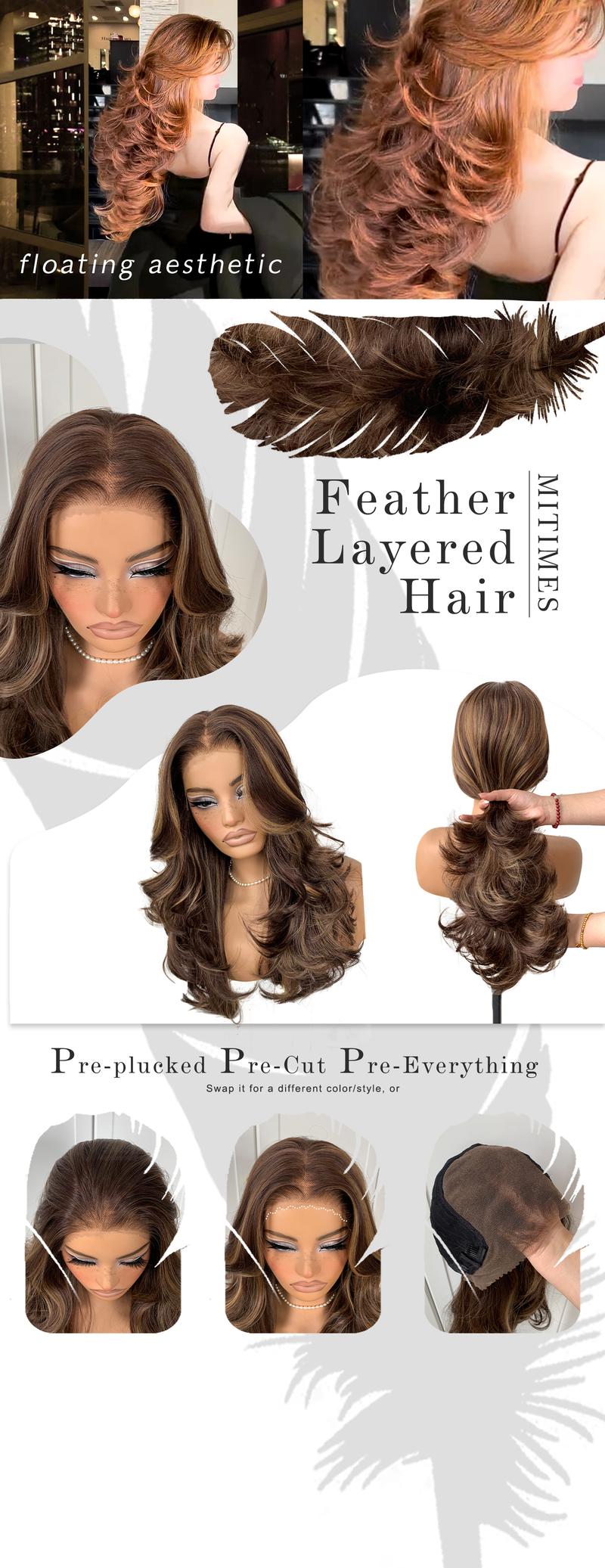 Feather Layered Hair Pre Plucked Cuting Style Long 13x6 Synthetic Lace Front Wig Wear and Go Glueless Natural Hairline Burgundy Blonde Black Wig