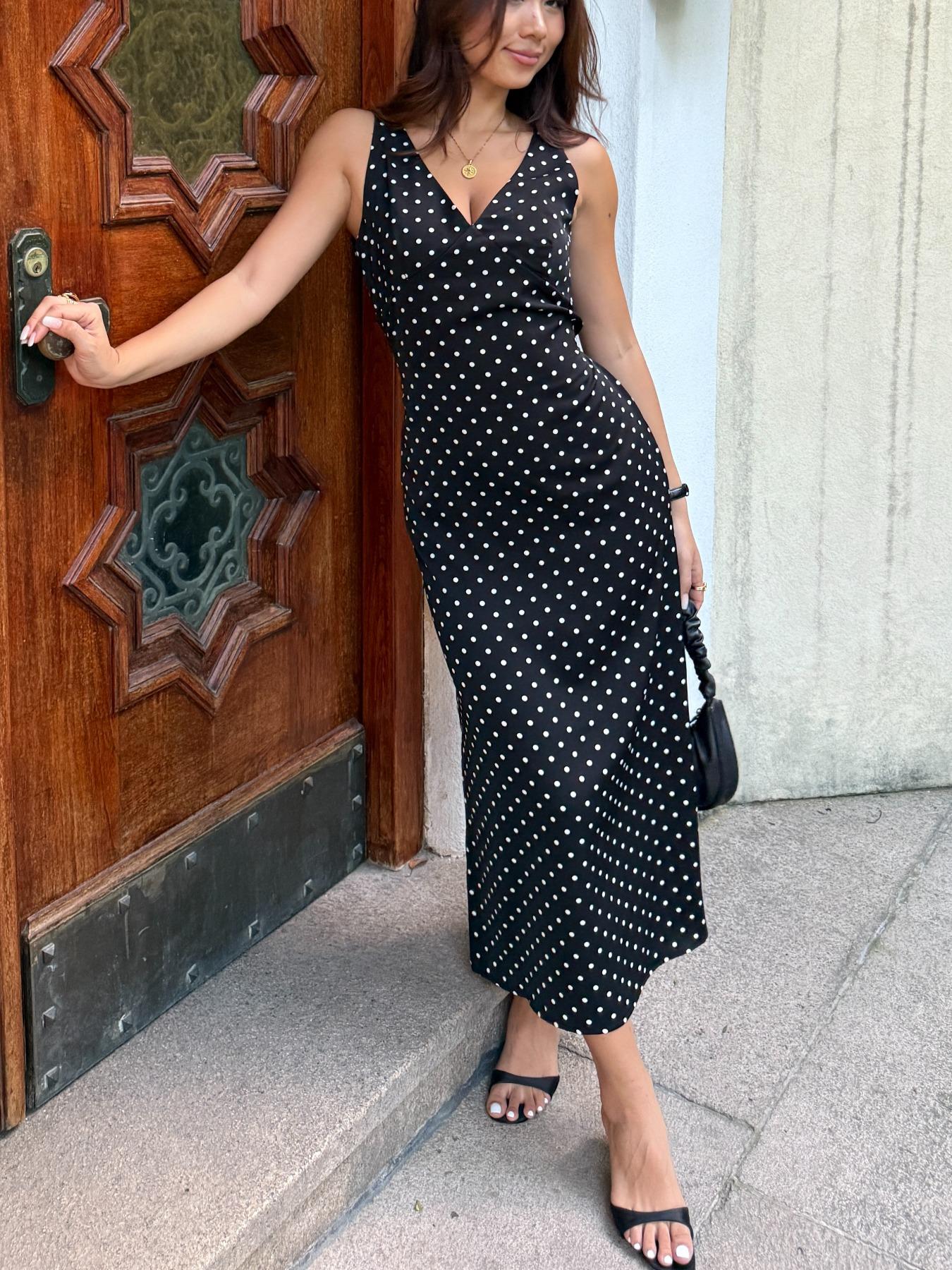 knee length dresses for ladies Black Polka Dot Maxi Dress - All Dresses main image 1