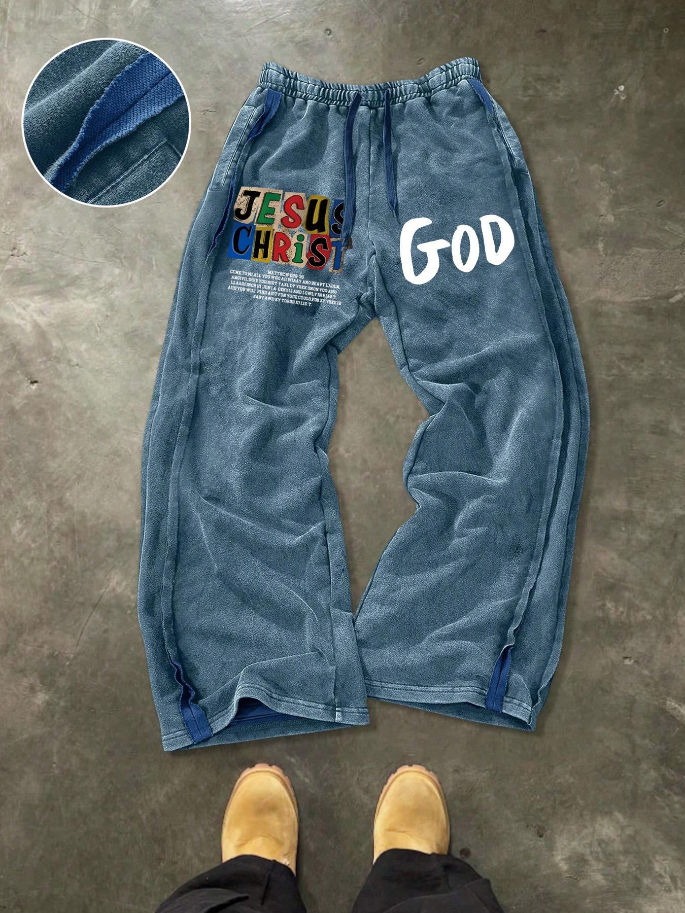 Men's Washed Cotton Sweatpants, Side Hem Stitching Long Pants, Jesus Print, Multiple Colors Available, Casual Fitted H-Type