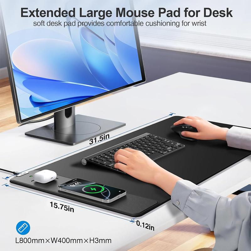 Wireless Charging Mouse Pad, 31.5"x15.8" Large Gaming Desk Mat with 15W Fast Charging, Ultra-Smooth Surface, Non-Slip Base, Waterproof Mousepad Keyboard Pad for PC, MacBook, Laptop