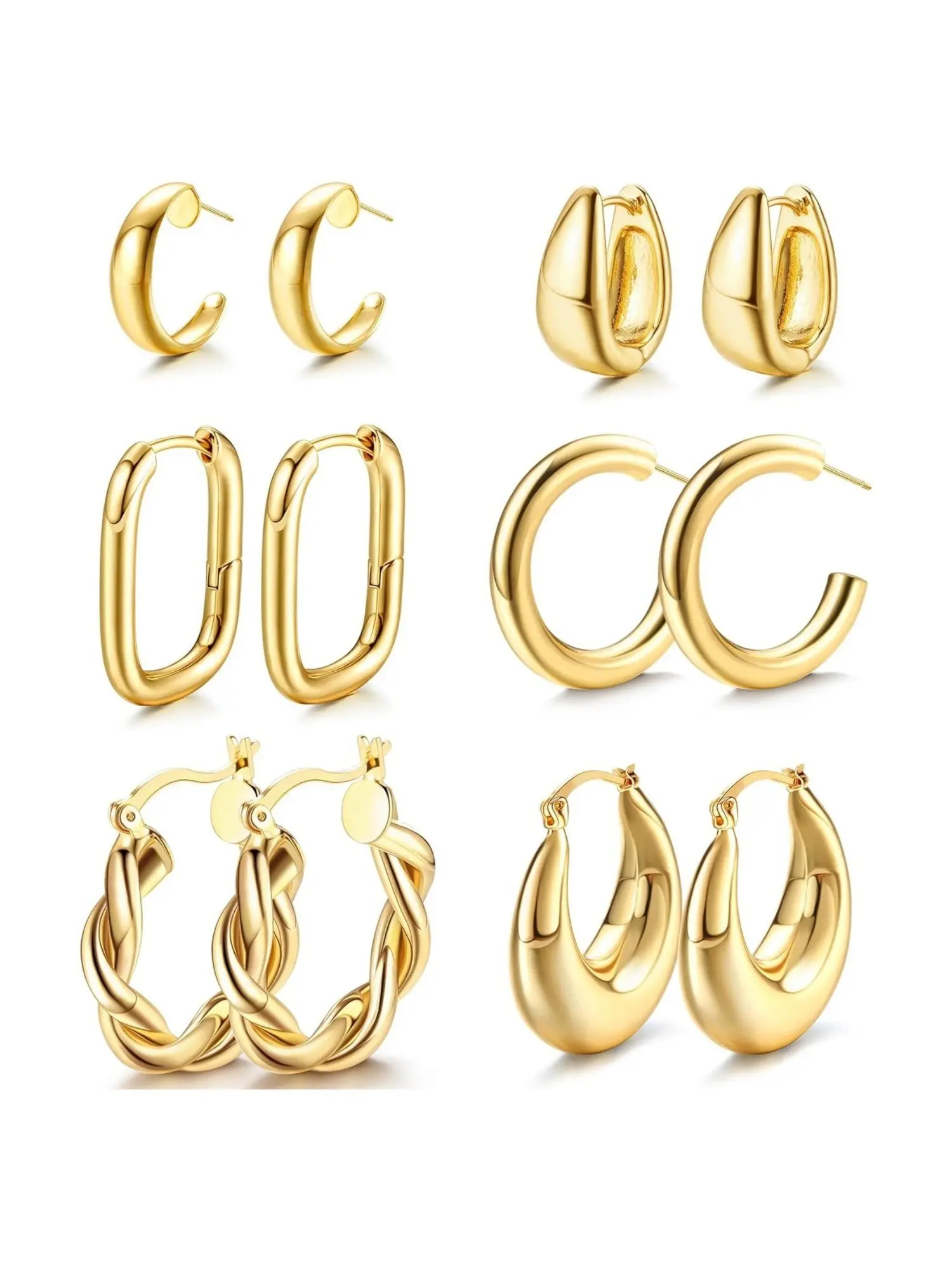 6 Pairs Golden Bold Chunky Hoop Earrings Set for Women Men Vintage Hypoallergenic Copper Hoop Earrings Bundle Twisted Huggie Split Hoops Fine Jewelry for Gifting Lightweight Chunky Hoops, Stylish Jewelry