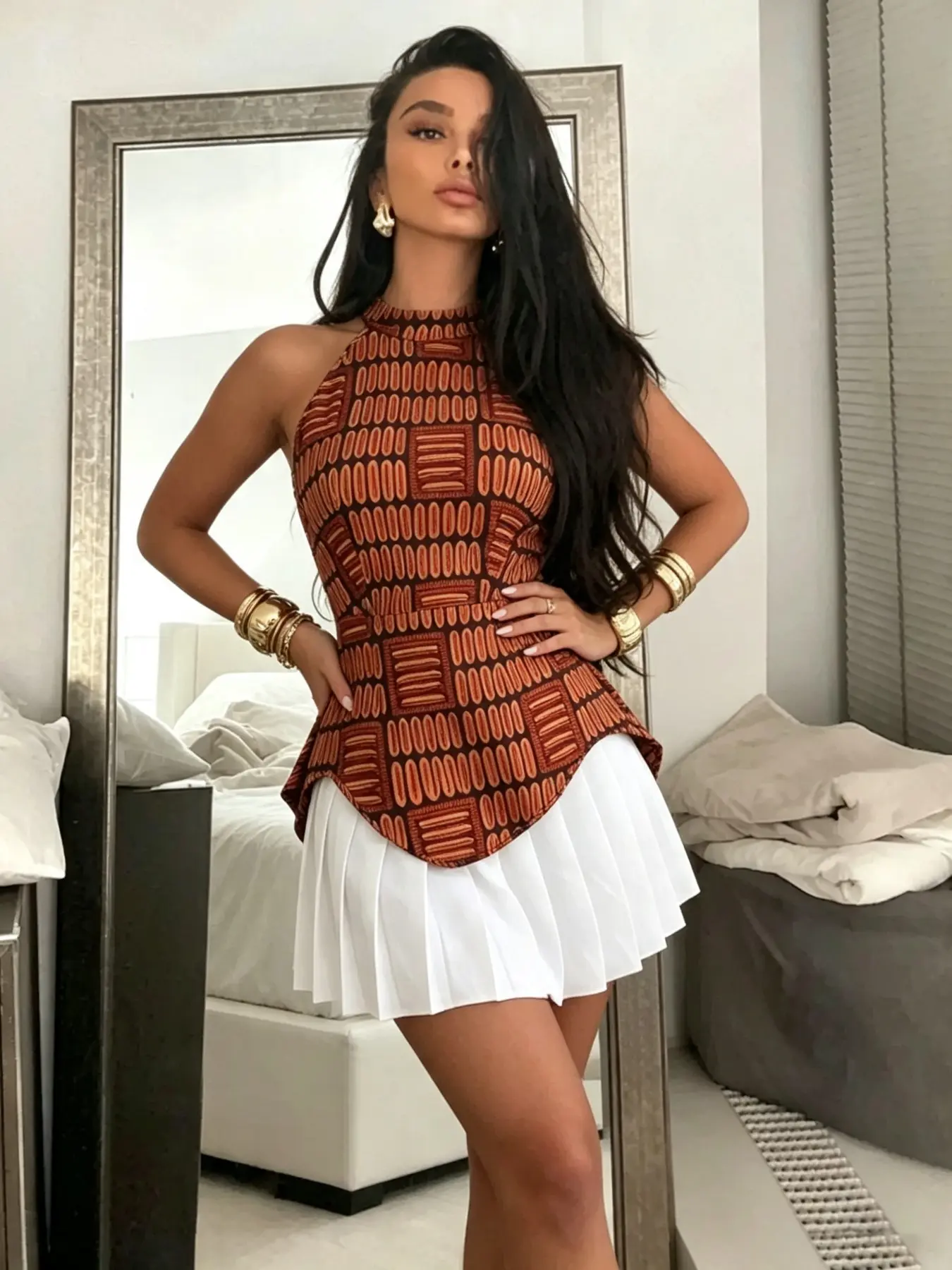 Two-Piece Halter Top Set, Geometric Print, Fitted Sleeveless Design, Asymmetrical Hem, Pair with Pleated Skirt