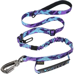 Hotsky Tactical Dog Leash Heavy Duty for Medium Large Dogs that Pull,4-6Ft Strong Bungee Shock Absorbing No Pull Dog Leash with Padded Double Handle and Car Seatbelt,Purple Camo
