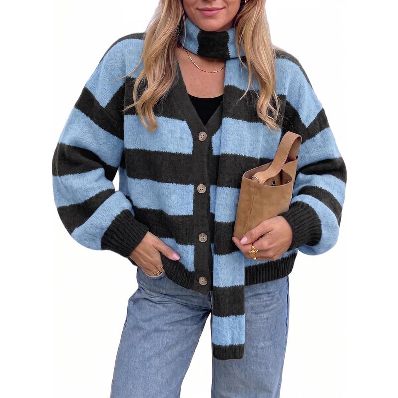 Tankaneo Women's Cozy V-Neck Striped Long-Sleeve Buttoned Loose Knit Cardigan - Sweater for Women, Party-Wear Knit Top, Button