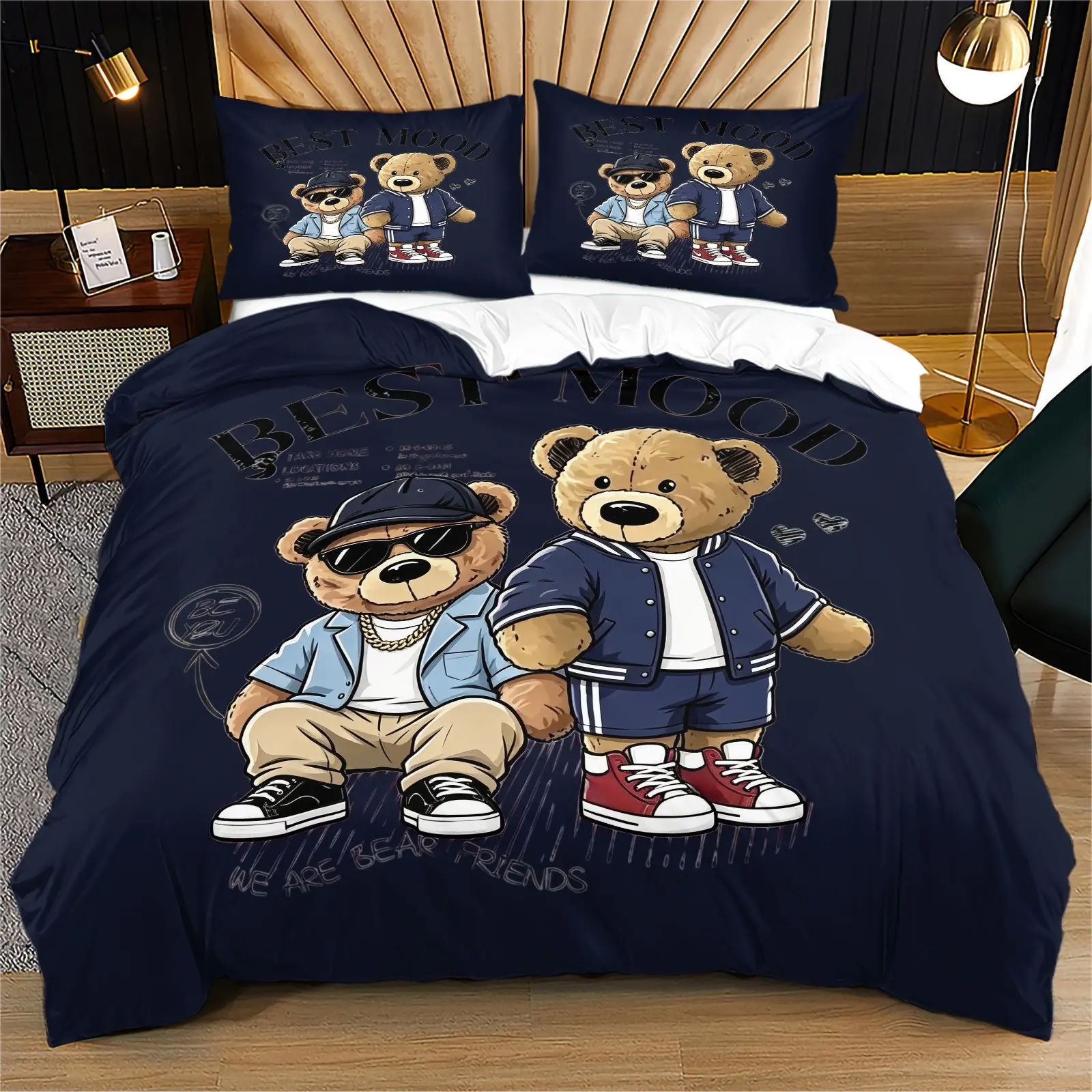 Durable bedding duvet cover set with teddy bear print pattern, including 1 duvet cover and 1 or 2 pillowcases, without a core or pillow, suitable for children or adults as gifts, modern style fashionable bedroom bed decoration