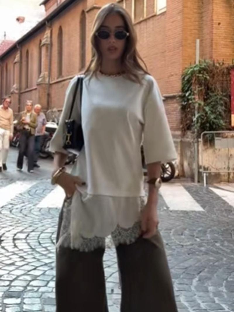 Women's Lace Patchwork Dress, Oversized Fit, Asymmetric Lace Hem, Half Sleeve, Casual Street Style, Spring & Fall Fashion