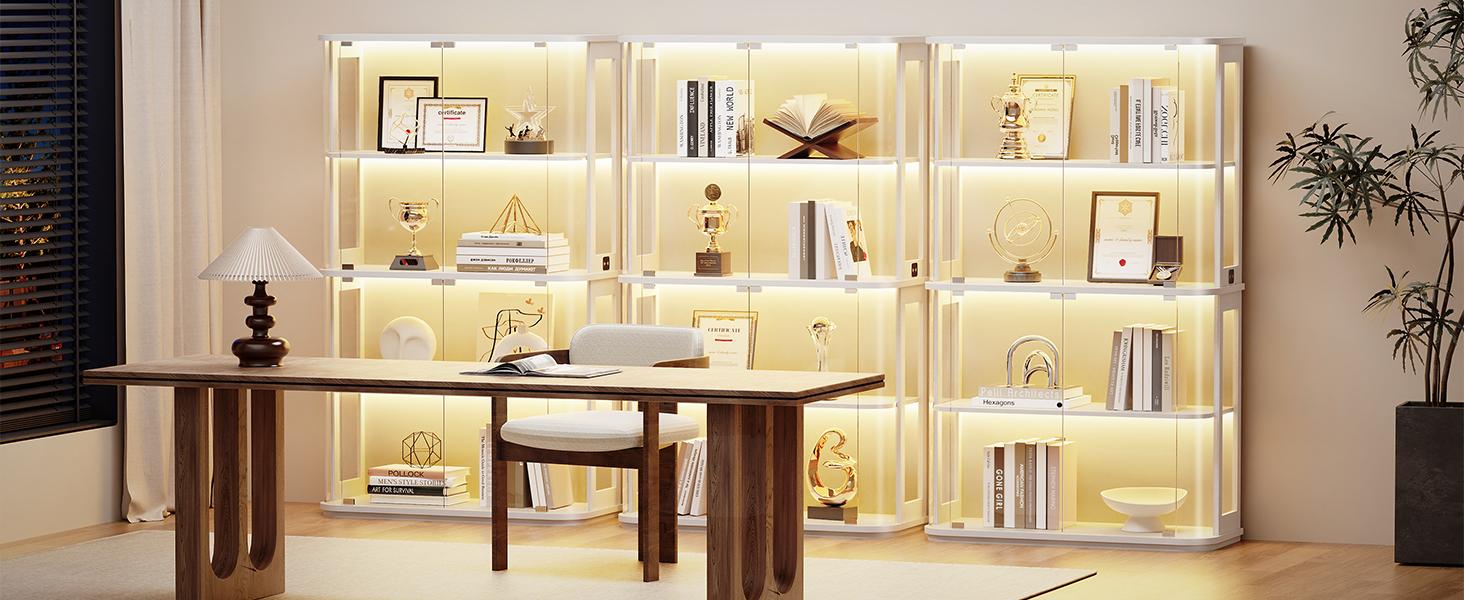 MIIFUNY Large Rounded Display Cabinet with Glass Door, 4-Tier Curio Cabinet with 3 Color Lights for Collectibles, Figures, Glass Display Case with Transparent Full-Display Surface, Human Body Sensor, White