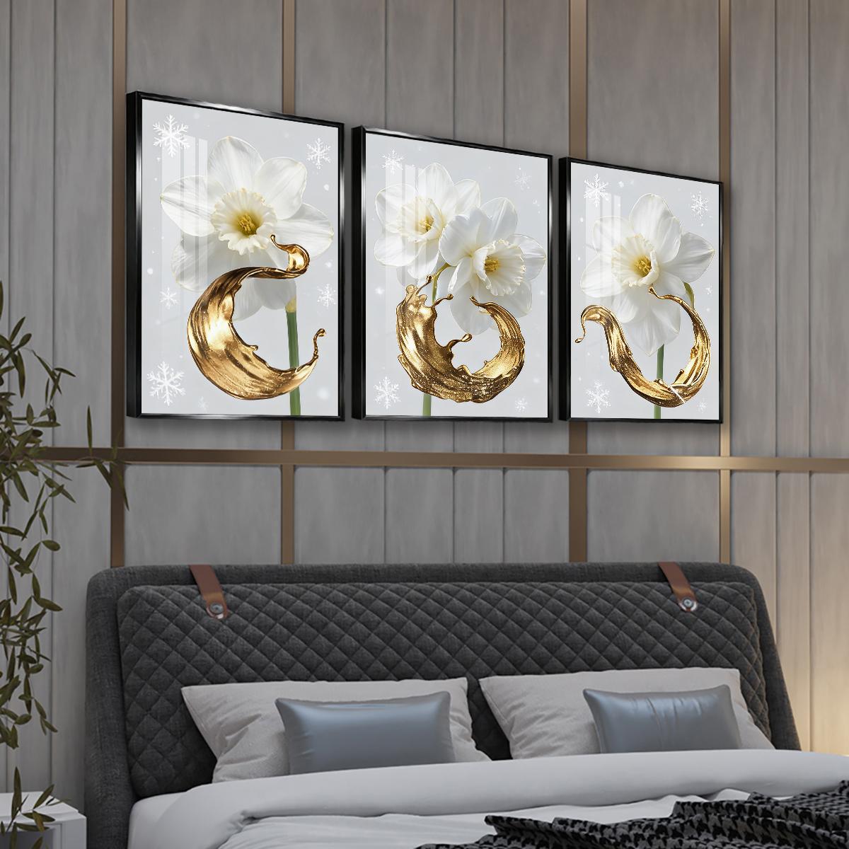 3 Counts Aluminum Alloy Framed Painting, White Daffodil Gold Splash Art Pictures, Home Decoration For Living Room, Bedroom, Office, Restaurant, Hallway Wall Decor, Odorless Print Artwork, Luxury Perfect Gift For Friends And Family