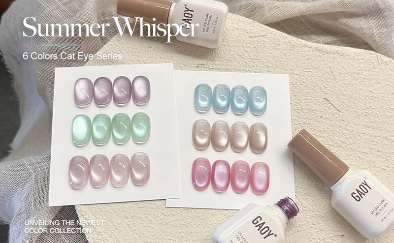 GAOY Summer Whisper Gel Nail Polish Set, 6 Icy Sheer Cat Eye Gel, Crystal Clear Holographic Nail Art for Beach Vacations & Pool Party Glam
