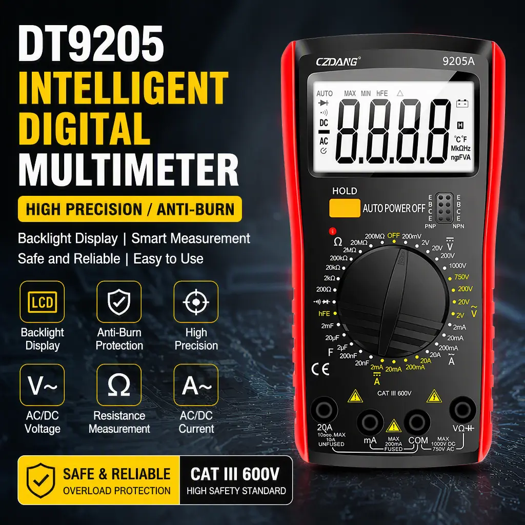 Digital Multimeter DT9205A, Anti-Burn Multi Meter with Backlight, Handheld Multimeter for AC DC Voltage Current Resistance Test