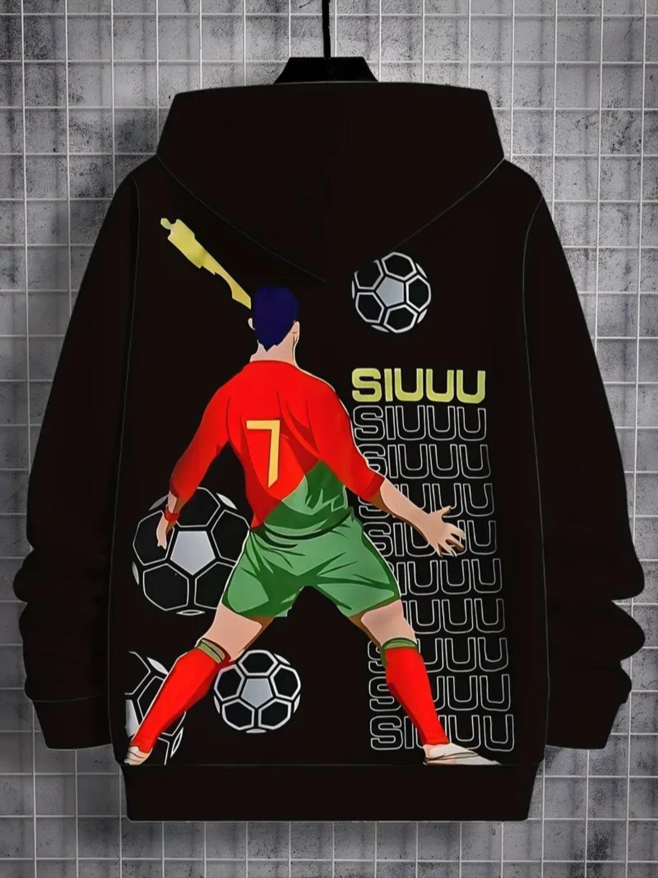 Boys' Football Fan Hoodie with Player Graphic, Casual Sporty Style, Fitted Polyester Fabric, Fall & Winter Wear, Graphic Team Hoodie