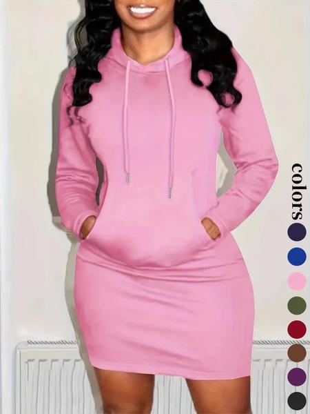 Women's Solid Drawstring Hooded Sweatshirt Dress, Casual Long Sleeve Pocket Dress for Fall & Winter, Ladies Clothes for Daily Wear, Womenswear