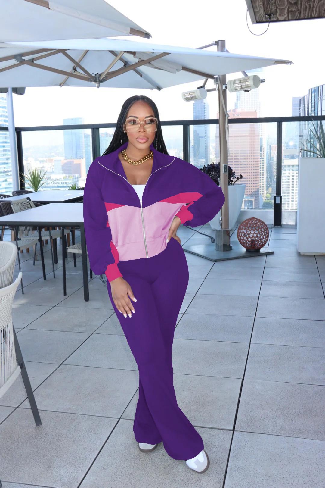 USBOUTIQUECHIC Chic Color-Contrast Zip-Front Top & Lounge Pants - Fashionable Casual Wear, Cozy Fall Matching Outfit 2-piece set woman - Clothes