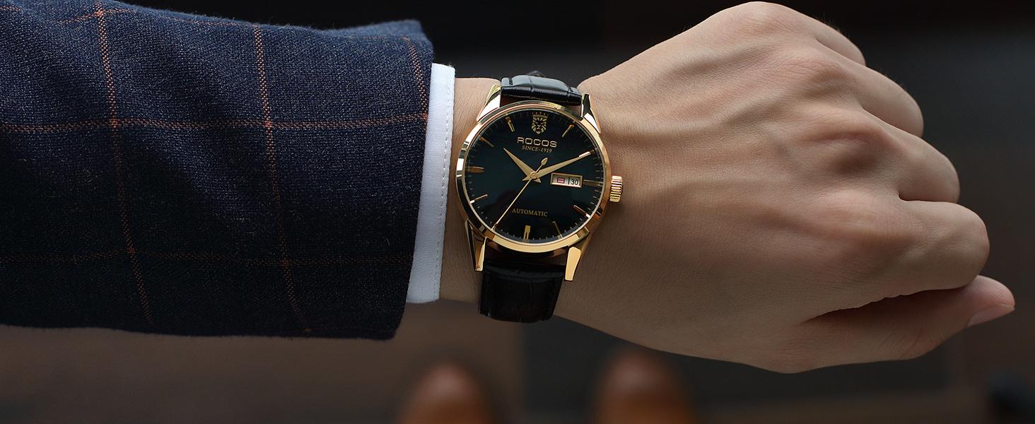 ROCOS Men's Automatic Skeleton Watch – Luxury Leather Strap, Day-Date Display, Waterproof Dress Watch | Elegant Gift | Reloj mecánico para hombre