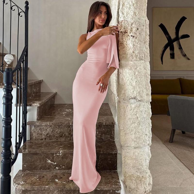 Knotted One Shoulder Mermaid Dress Women's 2025 Summer & Fall New Sleeveless Maxi Bodycon Dress for Ladies Evening Party Club Dating Elegant Dresses Clothes Outfits