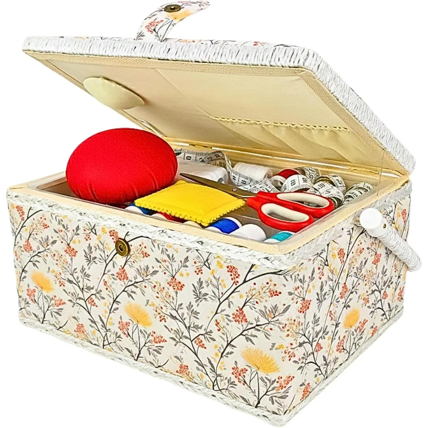Vintage Sewing Box Large Storage with Sewing Supplies, Elegant Wooden Sewing Basket with Removable Tray Padded Exterior, Yellow Floral
