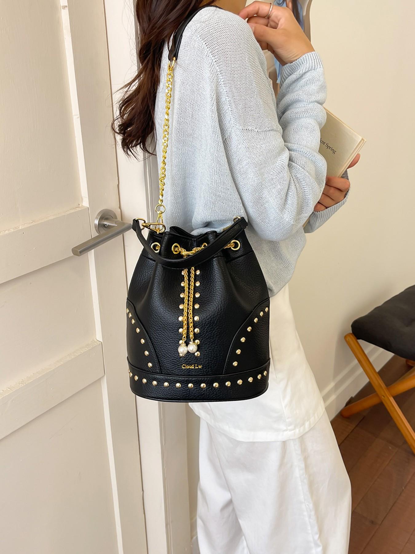 High-Quality Leopard Texture Rivet Drawstring Bucket Bag, Vintage Luxury Pearl Chain Shoulder Crossbody Bag, Women's Mini Storage Bag, Faux Leather Crossbody, Stylish Chain Bag