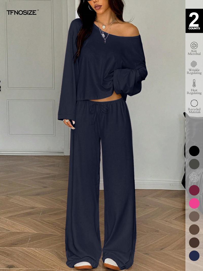 2 Piece Set Women Sleepwear Loungewear, Elegant Simple Solid Color Loose Long Sleeve Thermal Top And Pants pajamas Set, Pjs For Autumn/Winter，All Season Fashion