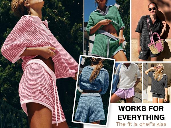 Tankaneo Womens Sweater Set 2 Piece Outfits Oversized 3/4 Sleeve V Neck Knit Tops High Waisted Shorts Lounge Sets