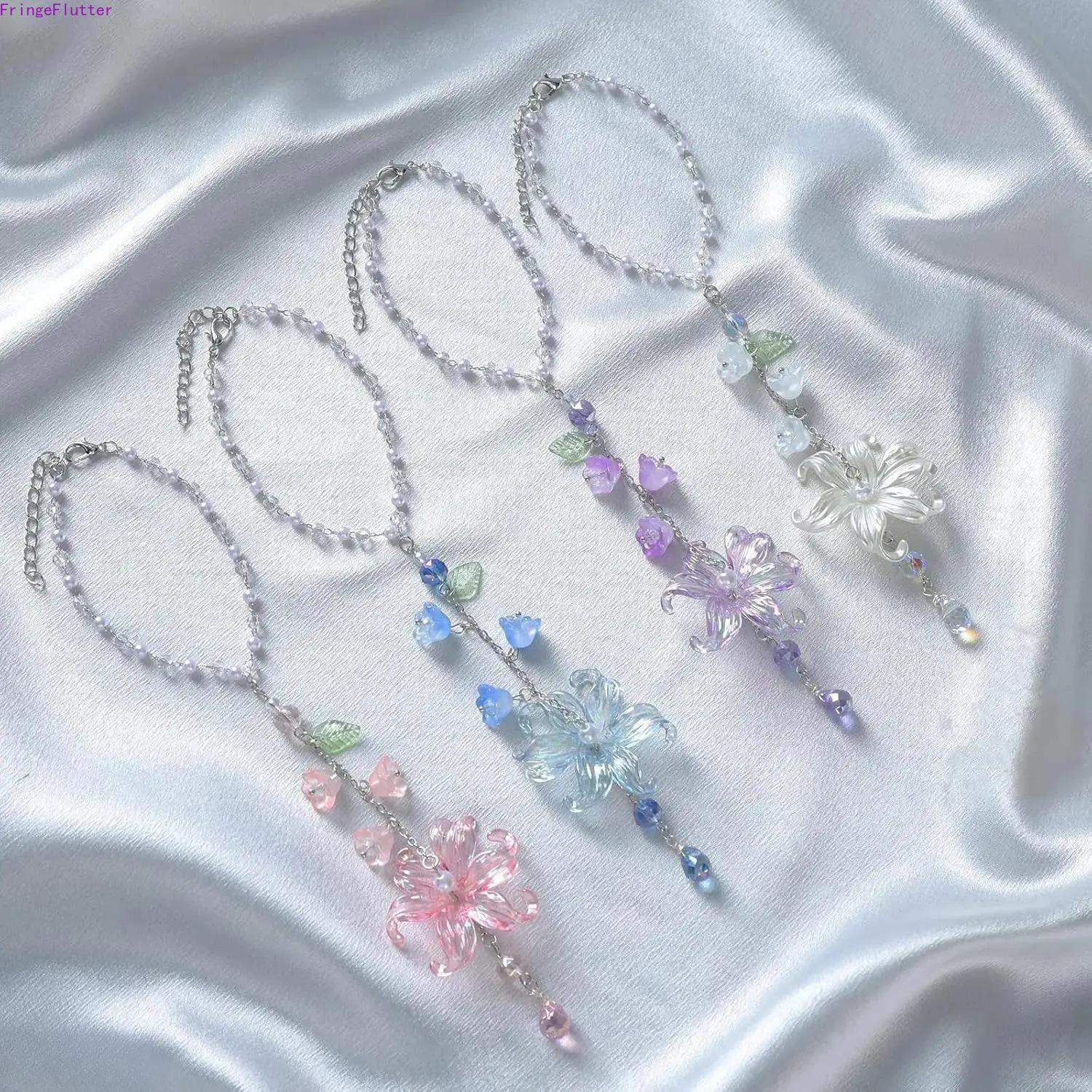 Handmade Lily of the Valley Crystal Suncatcher Car Hanging Boho Charm, Resin Beads Lotus Flower Rearview Mirror Ornament, Car Interior Accessories Unisex Gift for Drivers