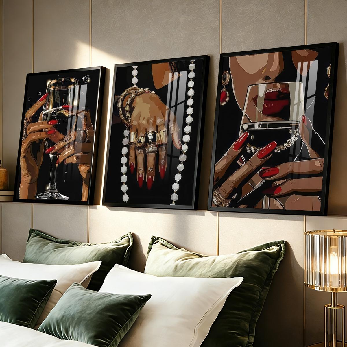 3 Counts Aluminum Alloy Framed Painting, Elegant Woman Hands With Wine Glass And Jewelry Pictures, Home Decoration For Living Room, Bedroom, Office, Restaurant, Hallway Wall Decor, Odorless Print Artwork, Luxury Perfect Gift For Friends And Family