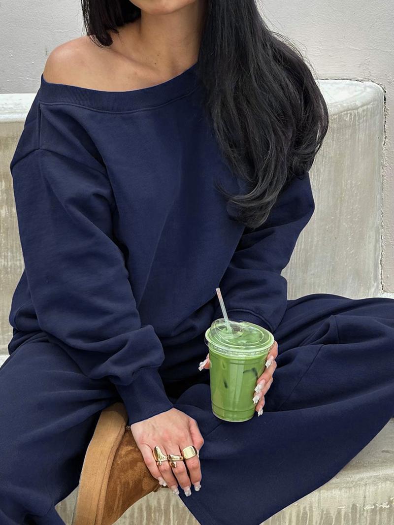 Women's One Shoulder Long Sleeve Top & Pants Two Piece Set Casual Pullover Jumper Sweatsuit for Fall Winter Daily Outfit Comfortable Streetwear Loungewear