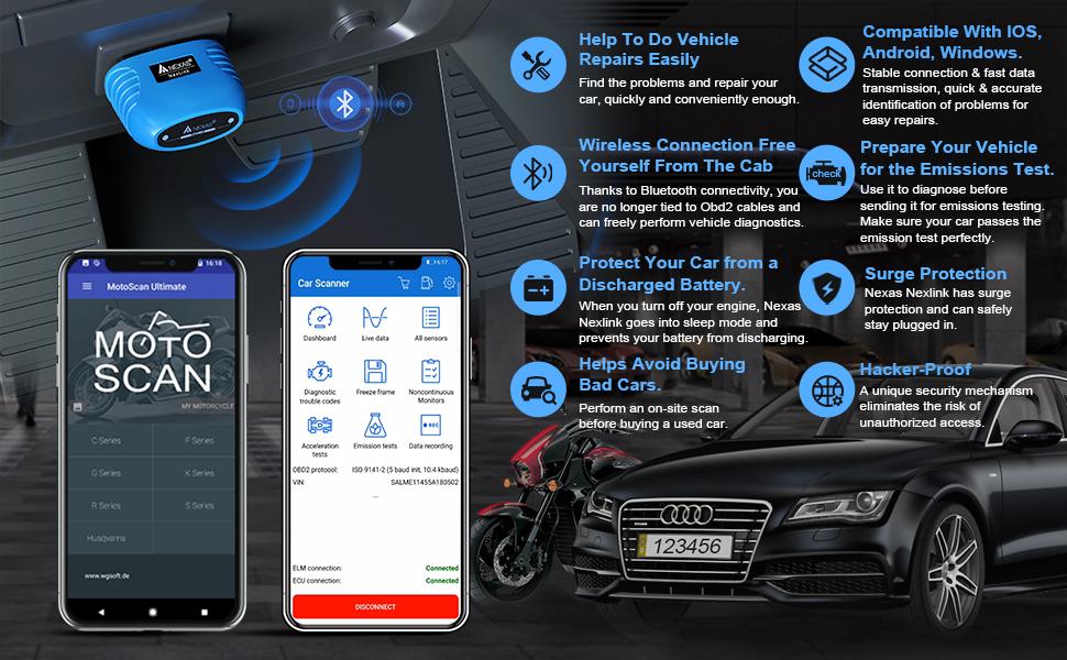 NEXAS-NexLink Motorcycle Diagnostic Tool Bluetooth,OBD2 EOBD Scanner for iOS Windows Android,Fault Code Reader Component Test Live Data Freeze Frame