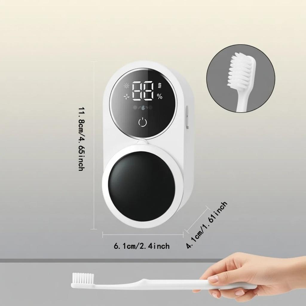 UV-C Light Sanitizing Wall-Mount Toothbrush Holder, Compact & Lightweight Durable ABS Bathroom Accessory with USB Charging Stand, Auto Sense, Rechargeable LED Screen, Automatic Dispenser, Portable for Travelers, Sanitizes Brushes