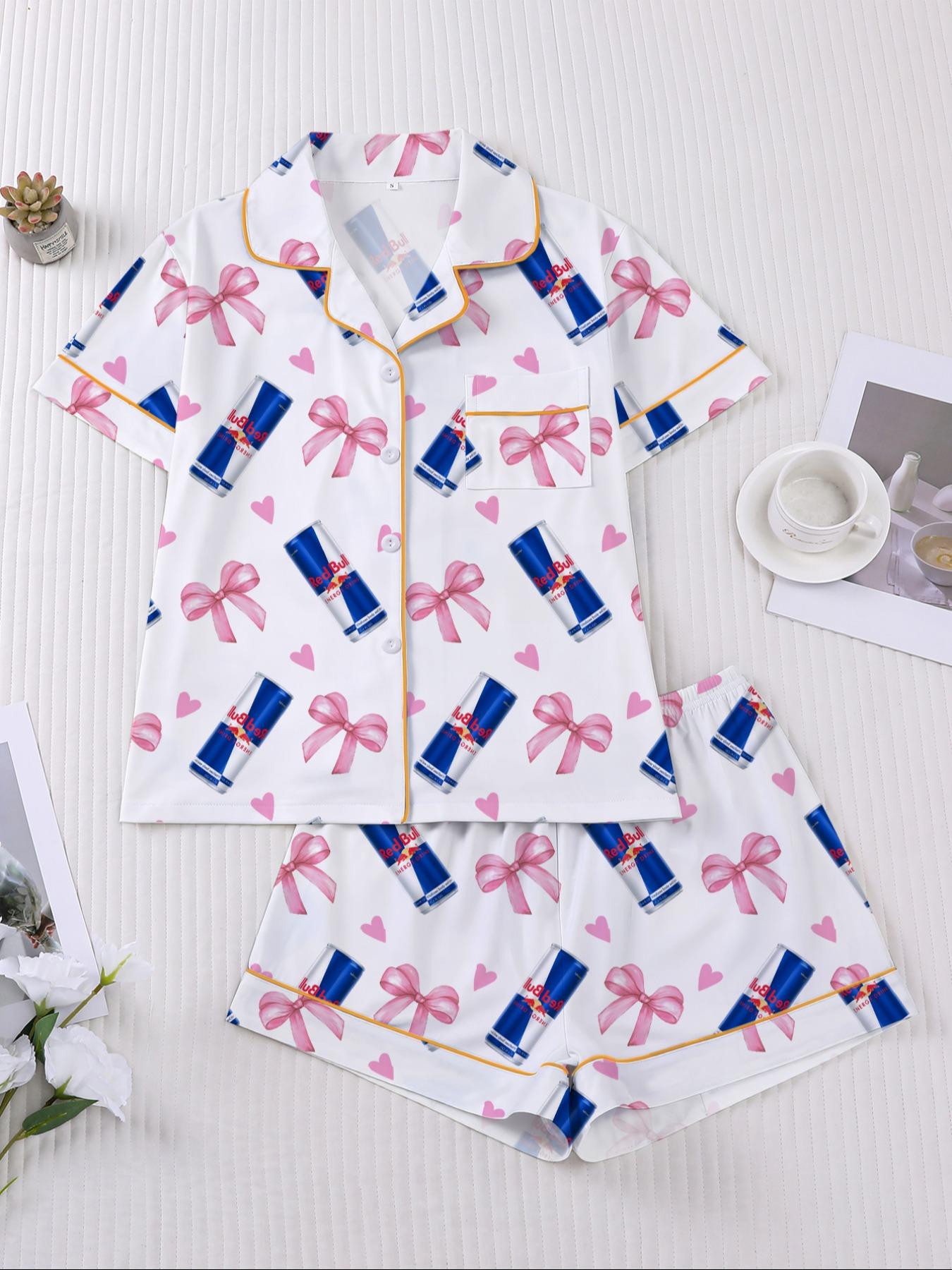 Women's Heart & Bow Print Sleepwear Set, Short Sleeve Button-Up Top & Elastic-Waist Shorts, Casual Loungewear for Home and Pajama Parties