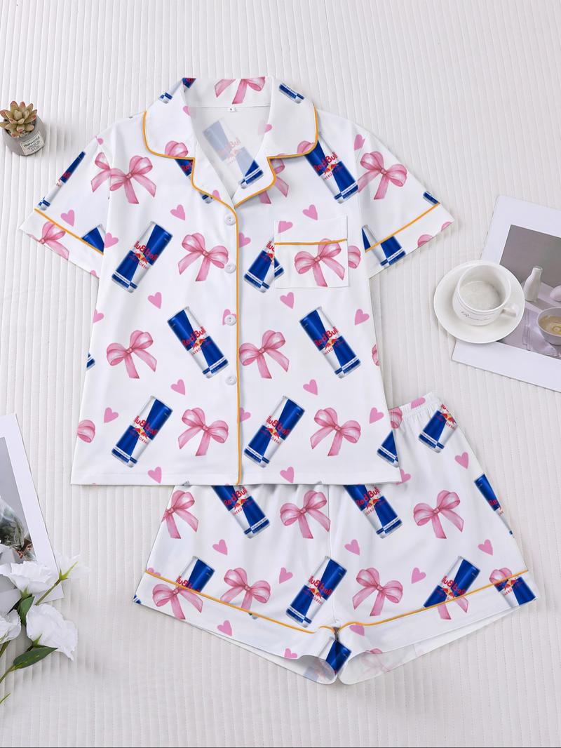 Women's Heart & Bow Print Sleepwear Set, Short Sleeve Button-Up Top & Elastic-Waist Shorts, Casual Loungewear for Home and Pajama Parties