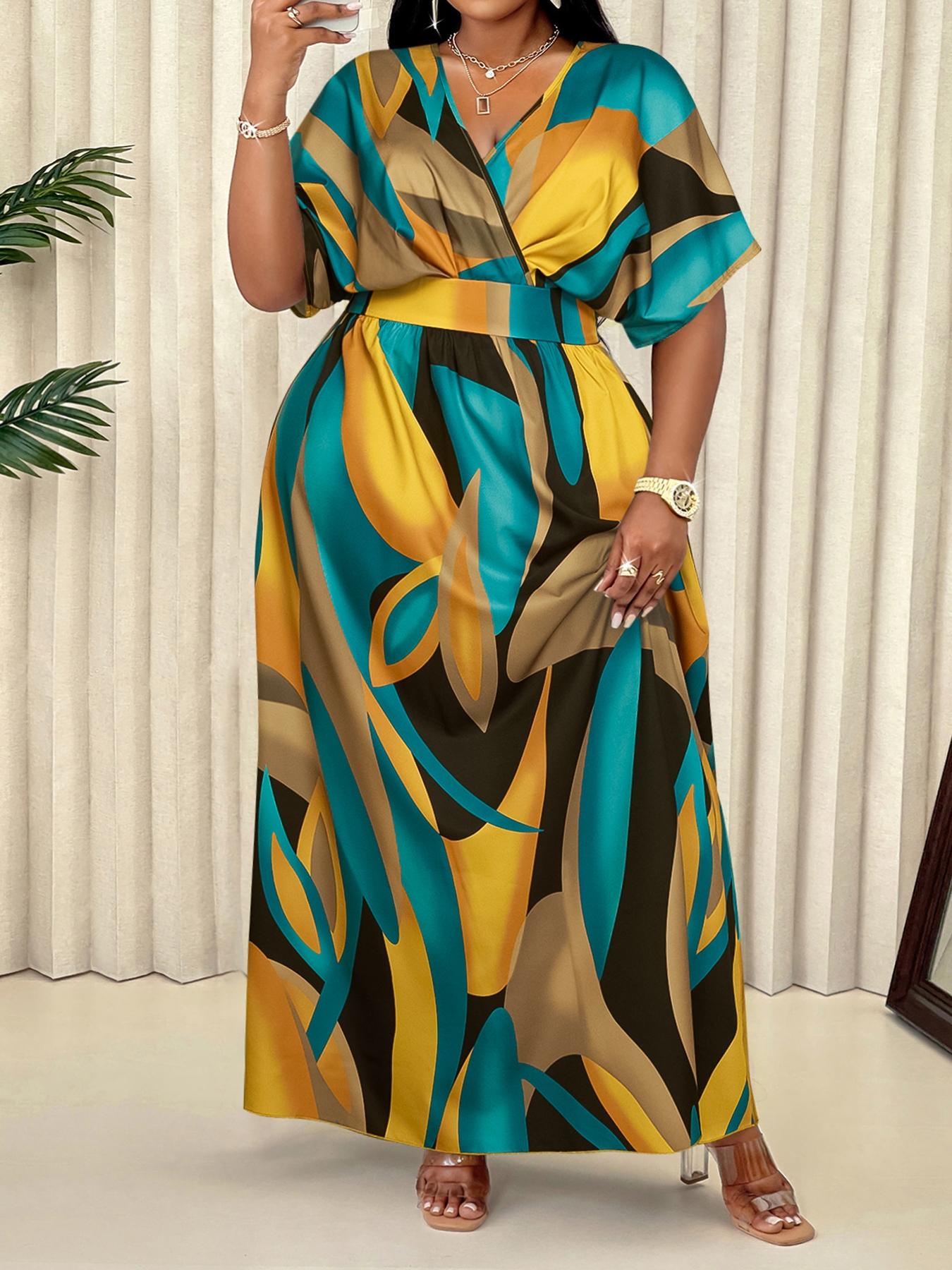 Elegant Sexy Women's Geometric Print Casual Dress Plus Size V Neck High Waist Wrap Dress, Fitted Woven Fabric, All Seasons Fashion