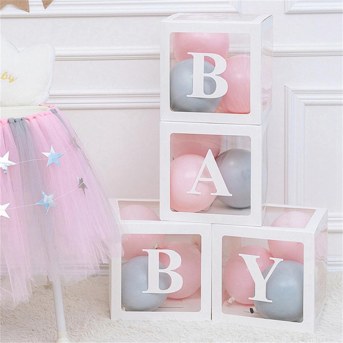 Baby Paper Balloon Box Baby Boxes With 4 pcs Letters,White Clear Balloon Box Blocks for Baby Shower Gender Reveal Decoration,Kids Birthday Party Decor