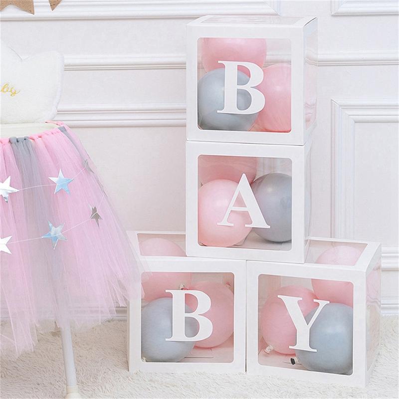 27cm Baby Paper Balloon Box Baby Boxes With 4 pcs Letters,White Clear Balloon Box Blocks for Baby Shower Gender Reveal Decoration,Kids Birthday Party Decor