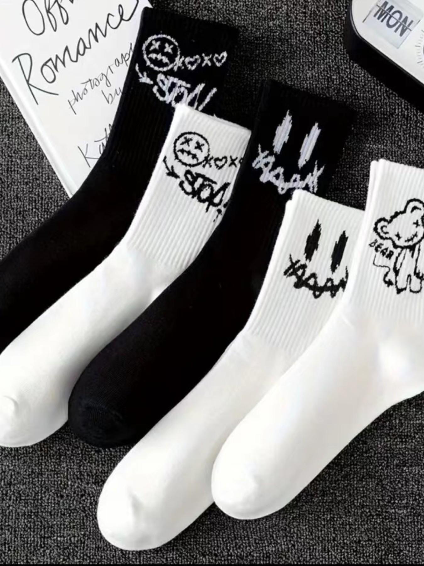 10 Pairs Ghost Face Graffiti Prints Long Socks, Trendy Basketball Sports Mid-Calf Socks, Random Style, All Seasons Fashion, Casual Daily Socks