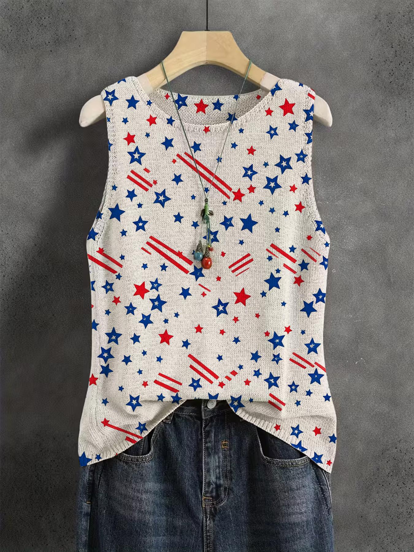Women's Independence Day Geometric Star Print Round Neck Sweater Vest, Casual Sleeveless Knit Top, Comfortable Breathable Clothing
