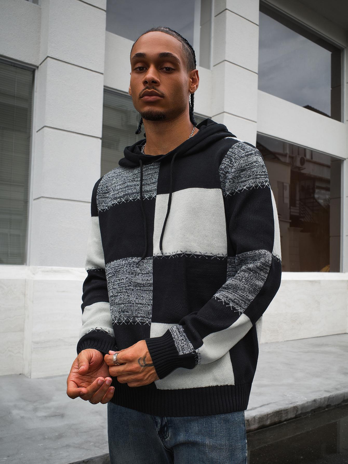 Men's Casual Hooded Color-Block Sweater - Black & Plaid Pattern, Long Sleeve Pullover with Ribbed Cuffs & Adjustable Drawstring Hood for Spring/Fall, Durable Knitwear, Comfortable Fit