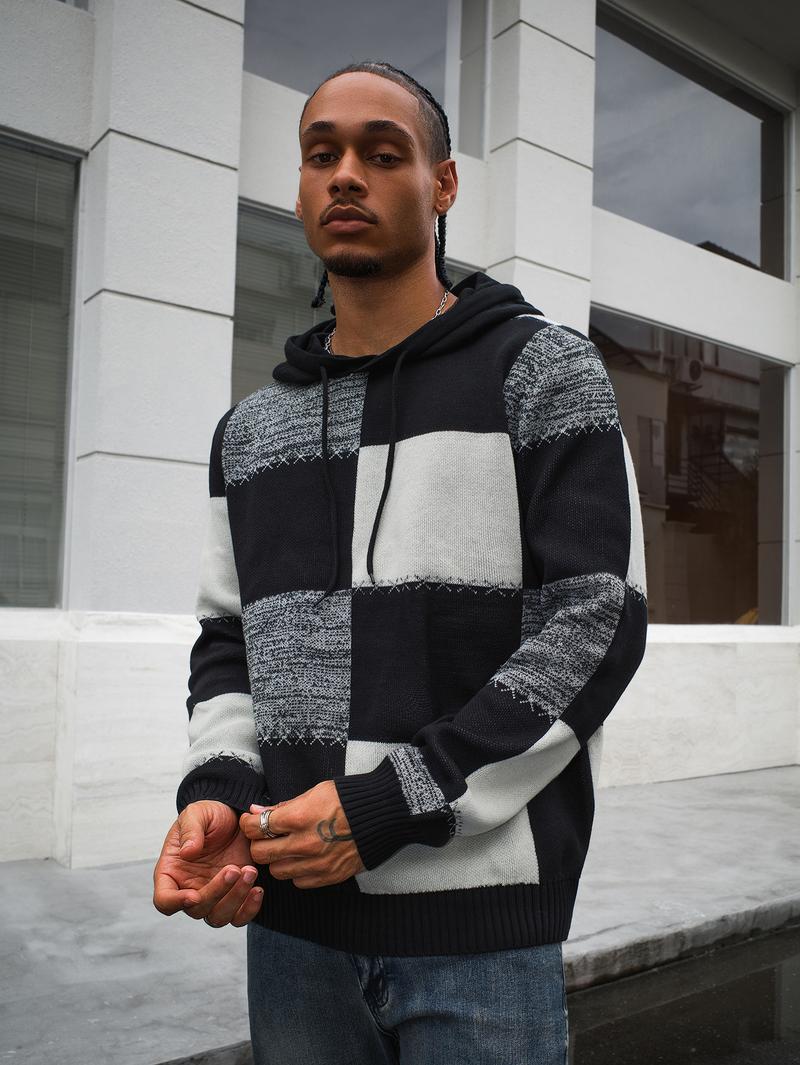 Men's Casual Hooded Color-Block Sweater - Black & Plaid Pattern, Long Sleeve Pullover with Ribbed Cuffs & Adjustable Drawstring Hood for Spring/Fall, Durable Knitwear, Comfortable Fit