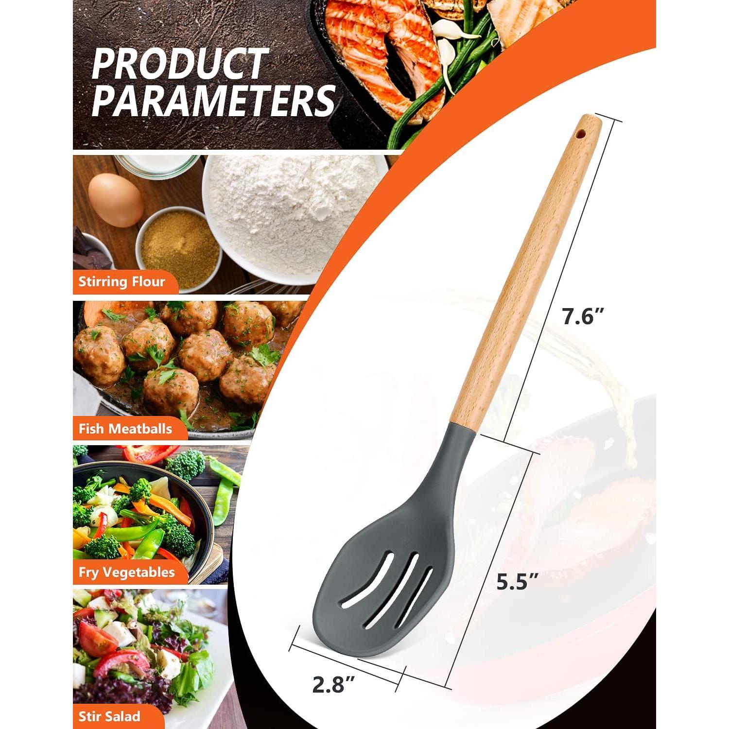 Large  Cooking Spoons, 2 Pack Nonstick Solid and Slotted Wooden handle Spoon Set, Heat Resistan  Kitchen Spoons for Cooking, Serving, Basting, Mixing (Grey)