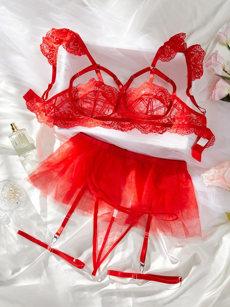 Women's Lace Sexy Lingerie Three-piece Set, Solid Color Cut Out Bra & Thong & Garter Belt with Thigh Ring, Lingerie Set for Women