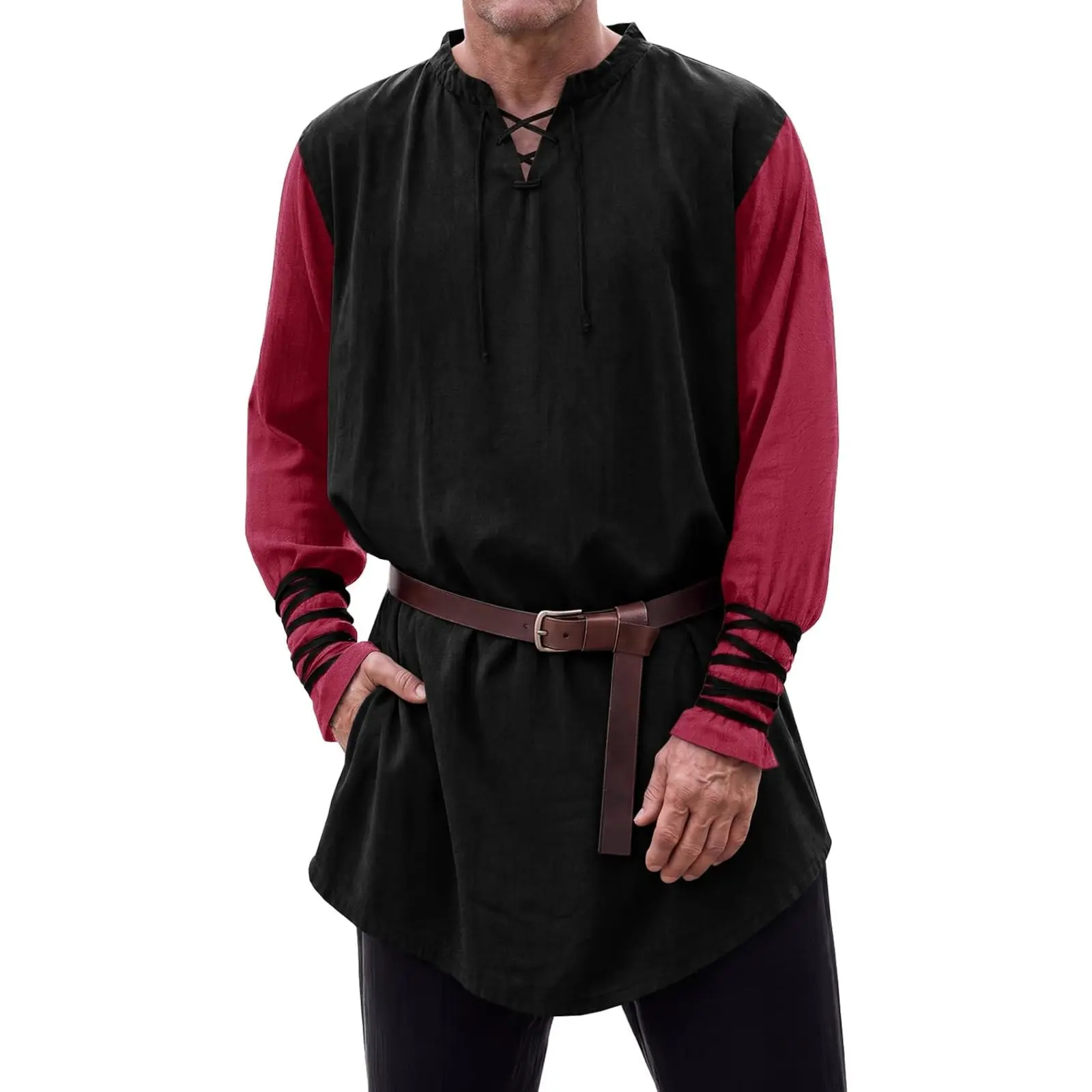 Runcati Men's Medieval Pirate Tunic Renaissance Viking Lace Up Cotton Shirts | Long Sleeve, Contrast Color, V Neck, Curved Hem, Knight Warrior Tunic Tops, Halloween Warrior LARP Costume